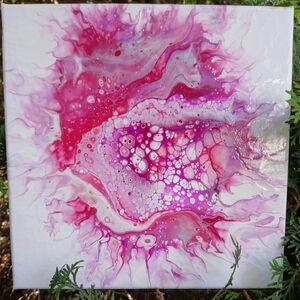 "Pink Talking Fish" Acrylic Magic Cell Pour Painted 10"x10" Stretched Canvas